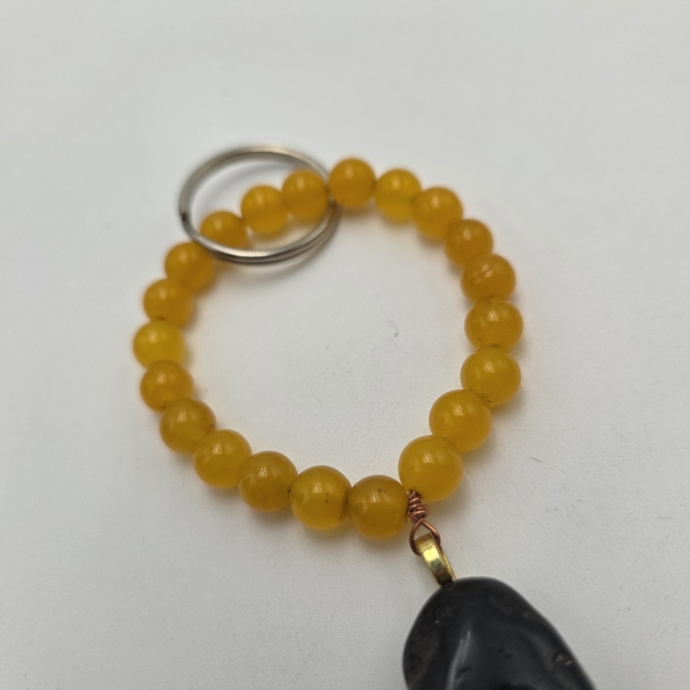 Stylish Yellow Beaded Keychain with Black Obsidian Stone Pendant Charm - Picture 4 of 4